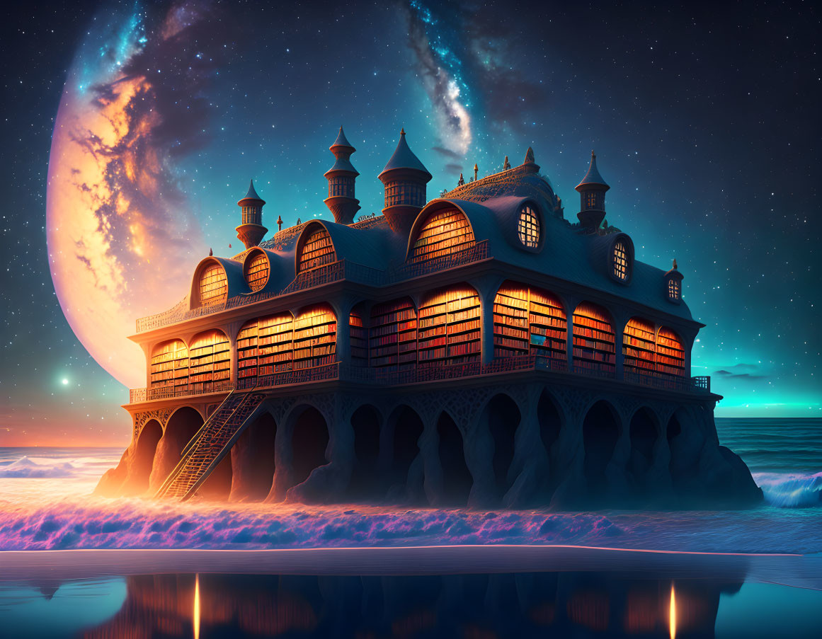 Fantasy castle-like house on seaside rocks under starry sky