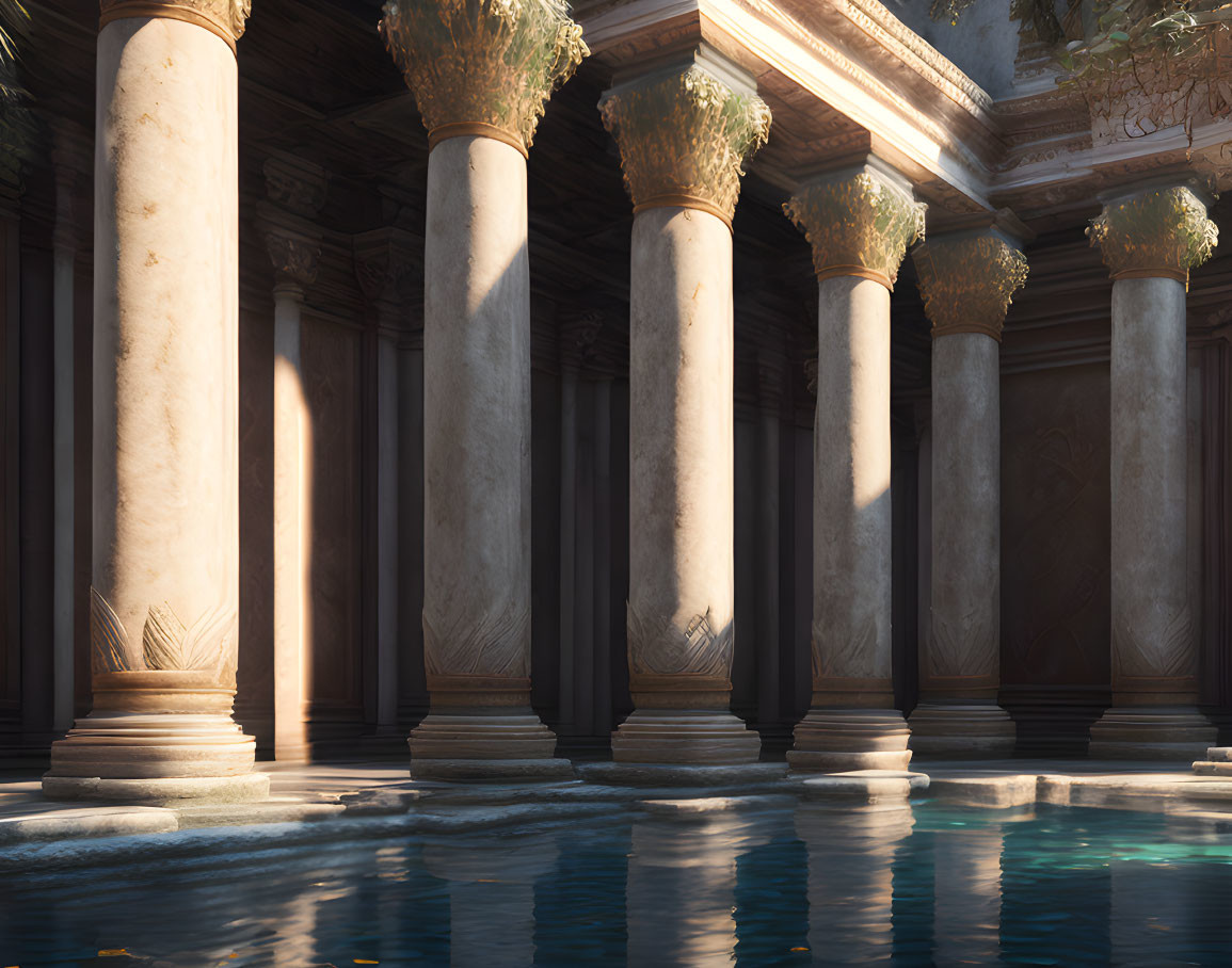 Serene water-filled hall with towering columns and ornate capitals