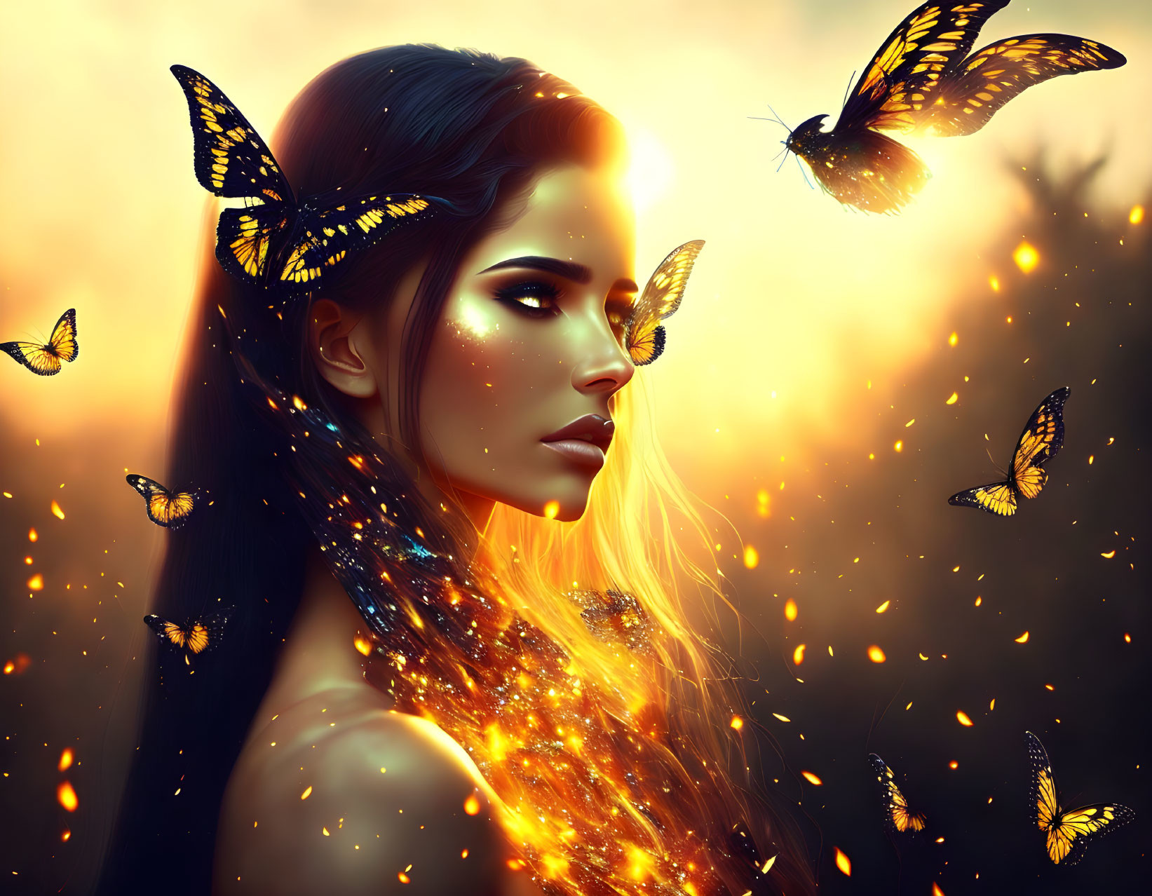 Woman with glowing skin and yellow butterflies on warm bokeh background