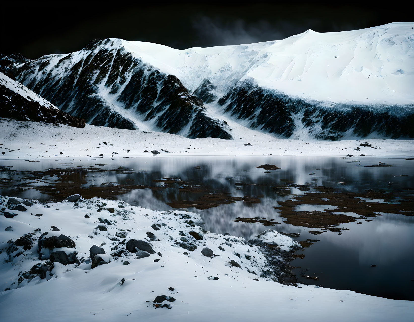 Snowy Mountain Landscape with Rocky Foreground and Reflective Water