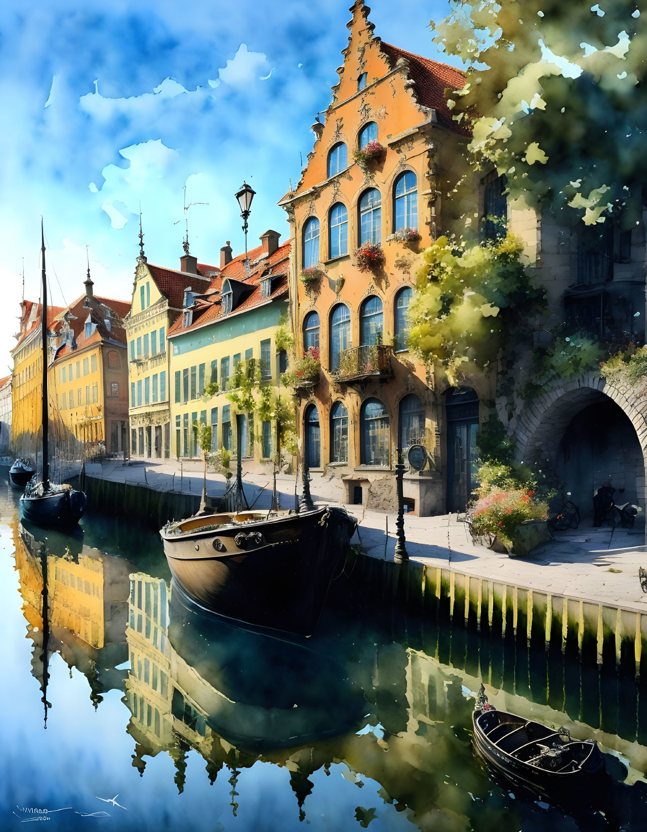 European canal scene with colorful buildings, boats, and vibrant reflections