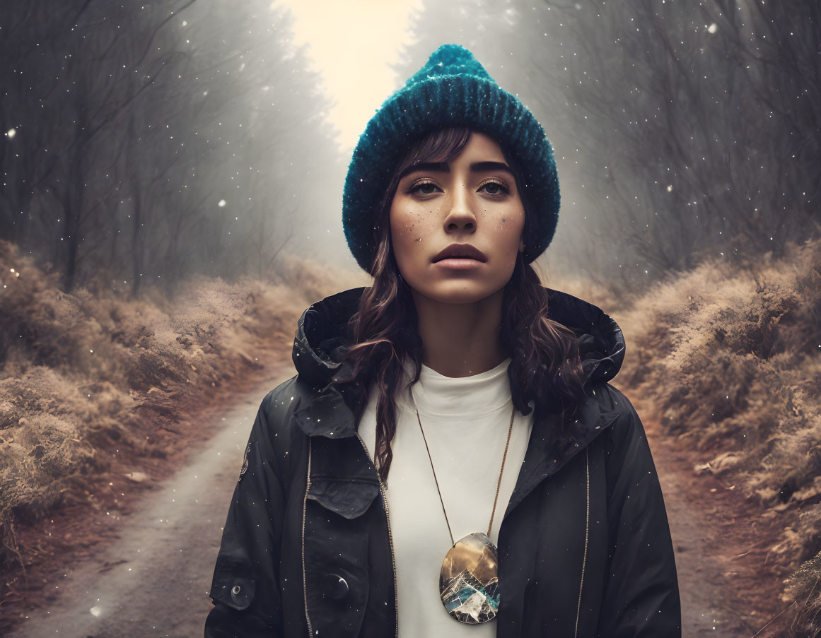 Woman in Blue Beanie on Forest Path in Falling Snowflakes