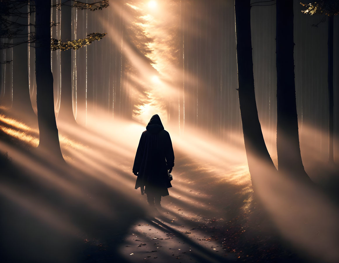 Misty forest scene: solitary figure in hooded cloak walking under ethereal sunlight.