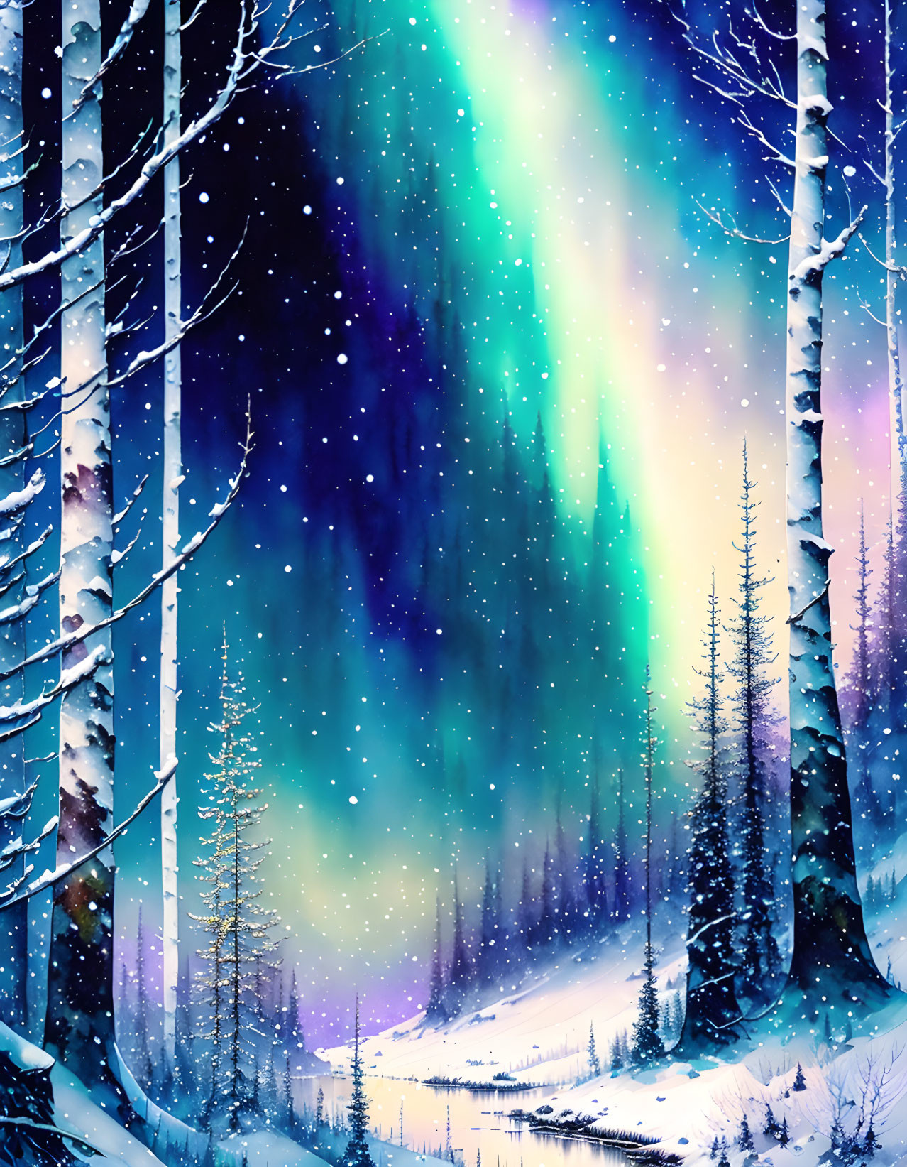 Snowy Night Landscape with Aurora Borealis and River Reflections