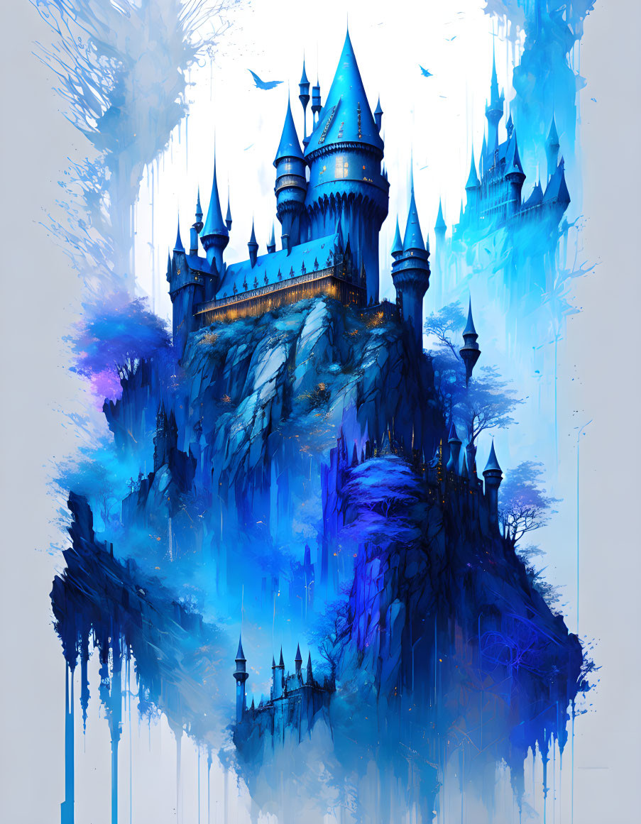 Fantasy castle painting: vivid blue and white on rocky peak