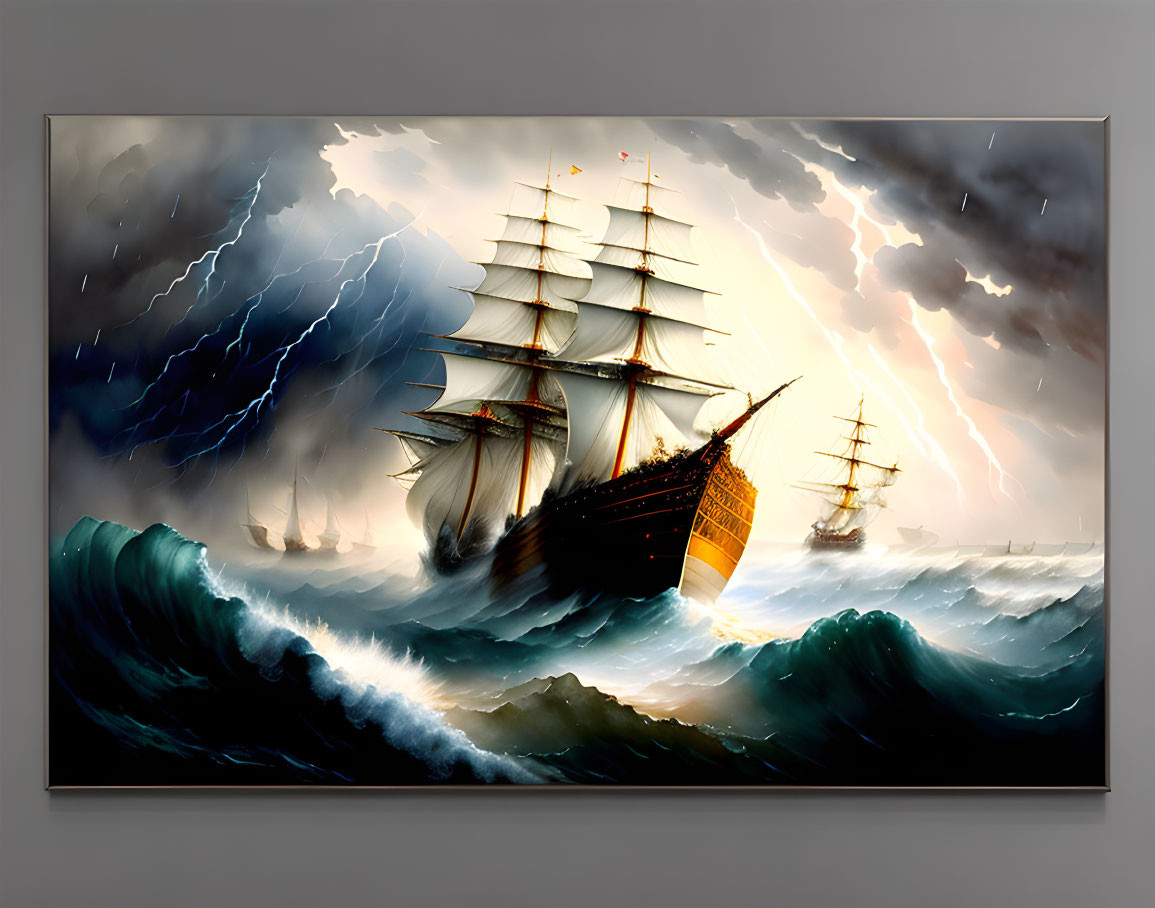 Stormy Seas: Oil Painting of Sailing Ships in Turbulent Thunderstorm