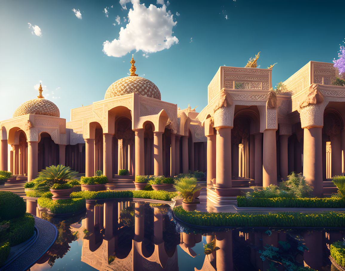 Ornate palace with domes and pillars reflected in tranquil pool amid lush greenery