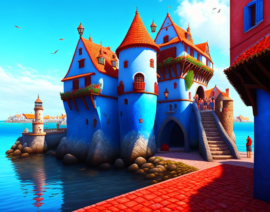 Colorful digital artwork: seaside castle with orange roofs, blue skies, person in red.