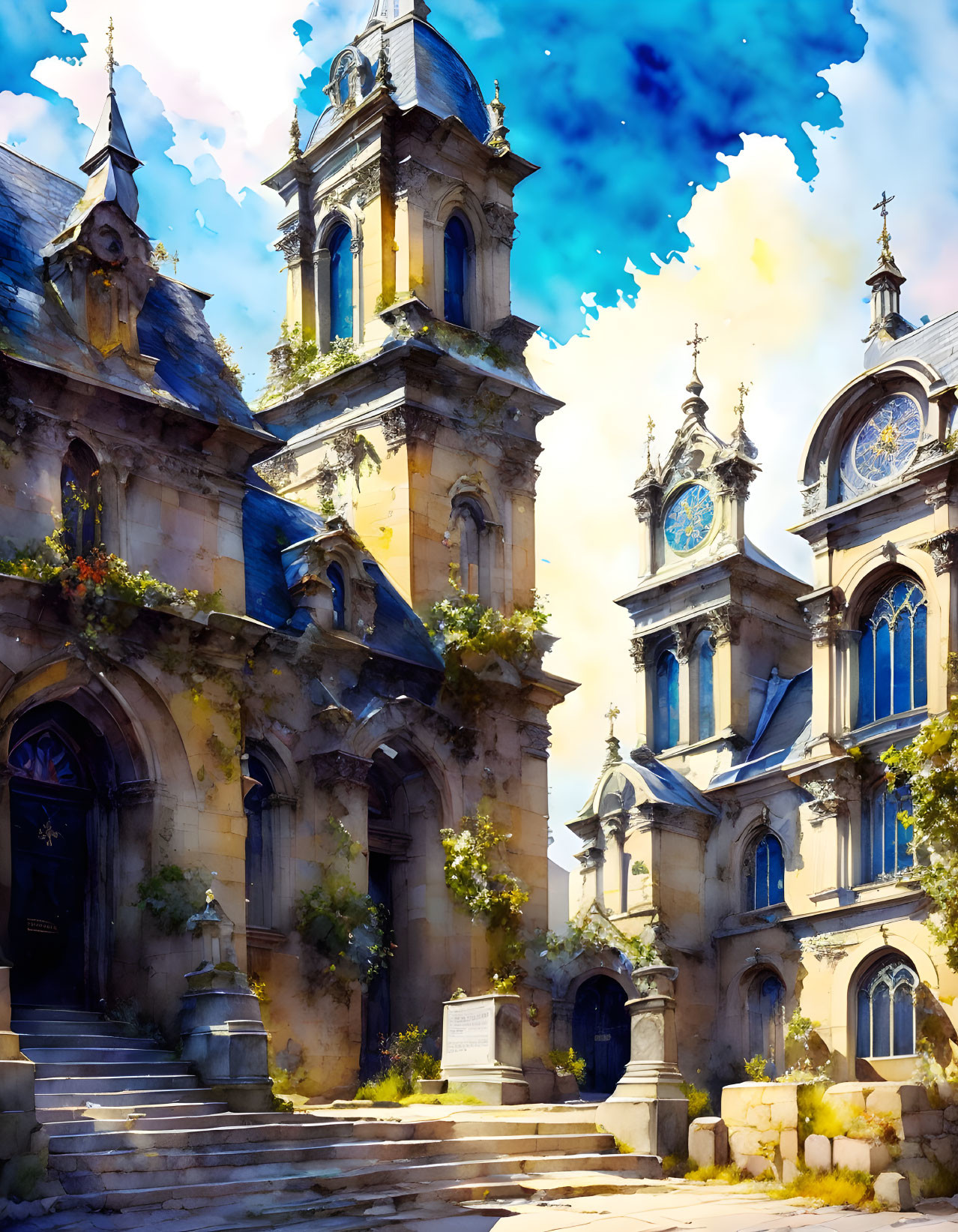 Sunlit church watercolor painting with ornate architecture and lush greenery