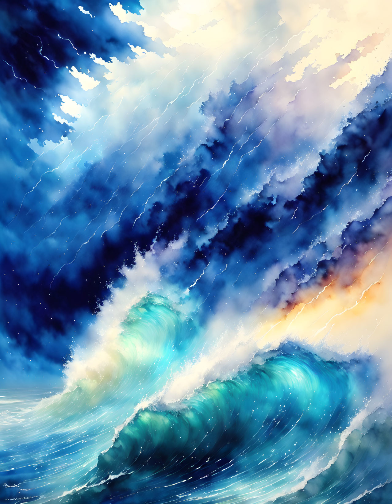 Digital Art: Vibrant Massive Wave in Blue and White Stormy Sky