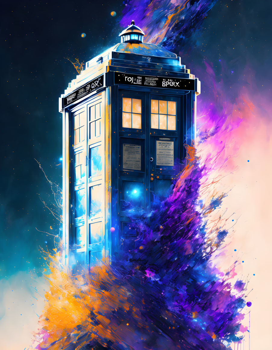 Vibrant TARDIS illustration in cosmic backdrop with blue and orange nebulas