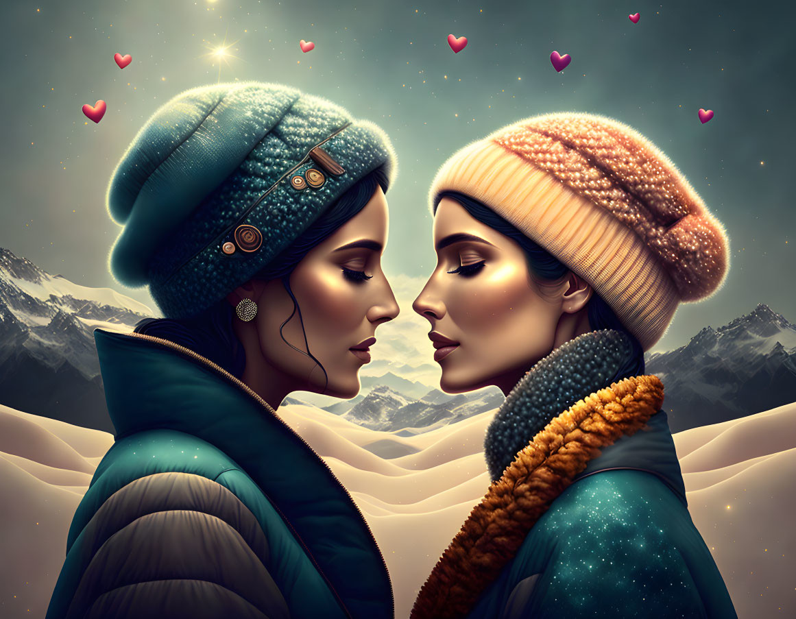 Stylized women in winter attire against snowy mountain backdrop