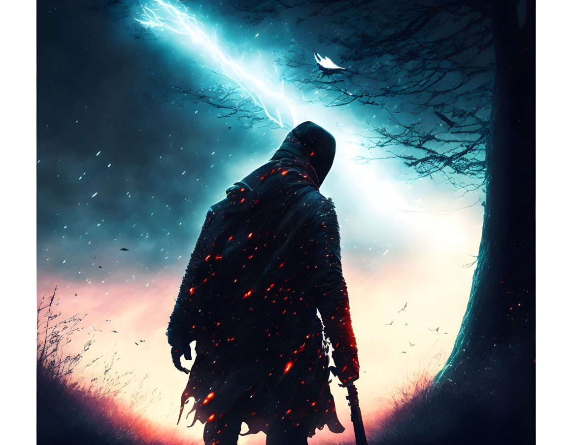 Mysterious cloaked figure under night sky with blue light and floating embers