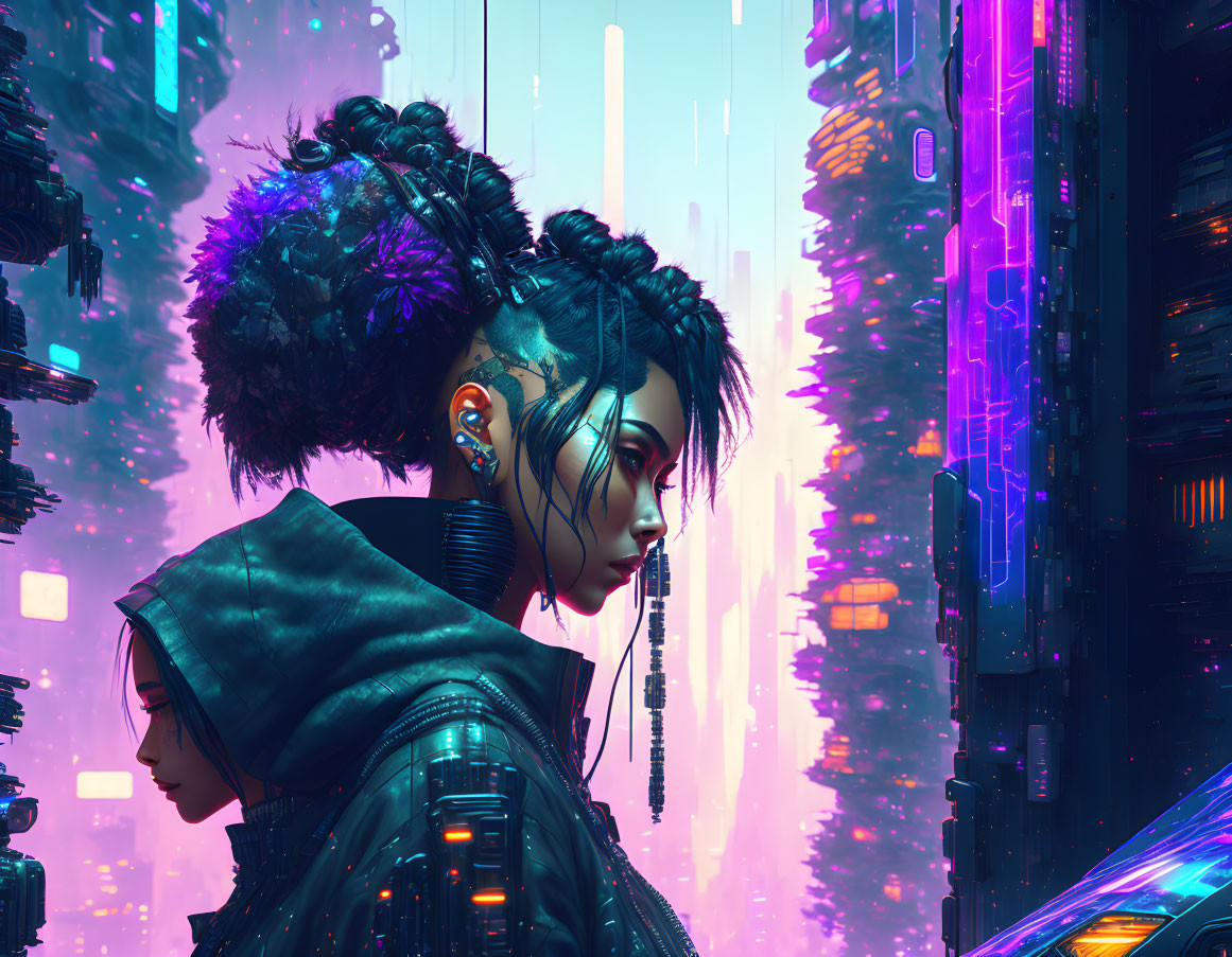 Futuristic woman with cybernetic enhancements in neon-lit cityscape