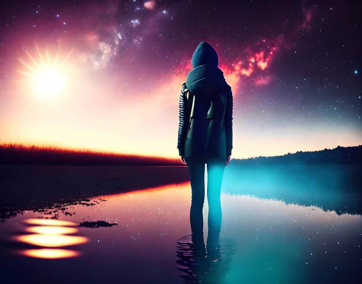 Person standing in shallow water under starry sky watching bright sunset or sunrise reflected on water surface