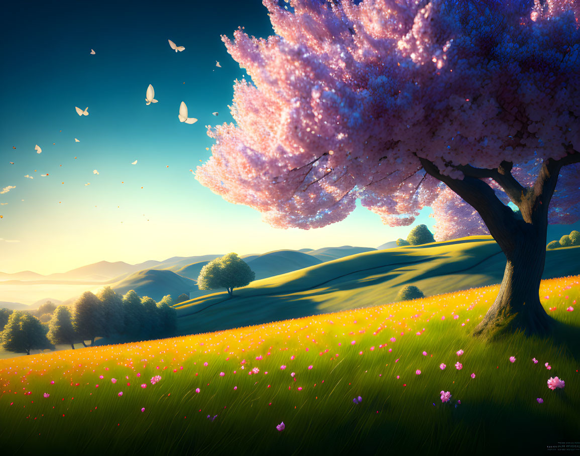 Colorful landscape with pink tree, butterflies, green hills, wildflowers, and blue mountains.