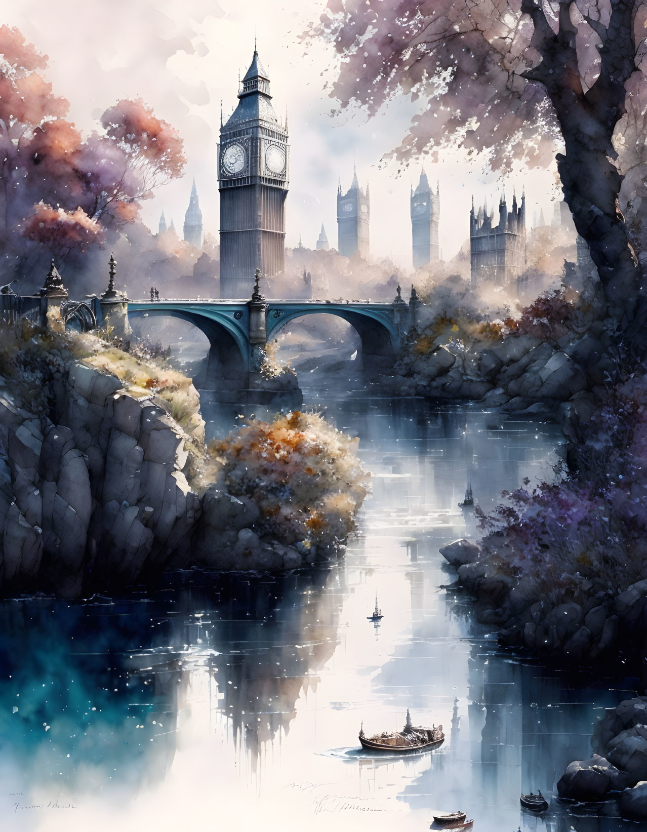 Stylized painting of Big Ben and Westminster Bridge by Thames River