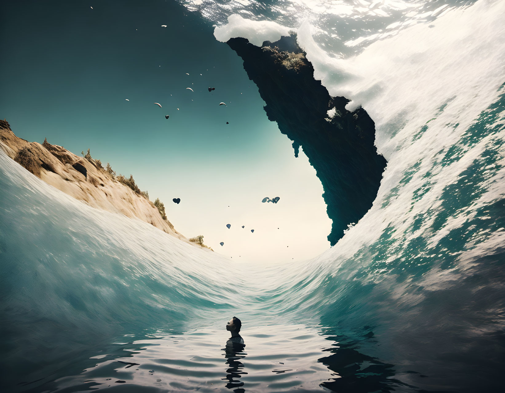 Swimmer in clear water near sandy shore under surreal inverted cliff with flying birds and hovering rocks.