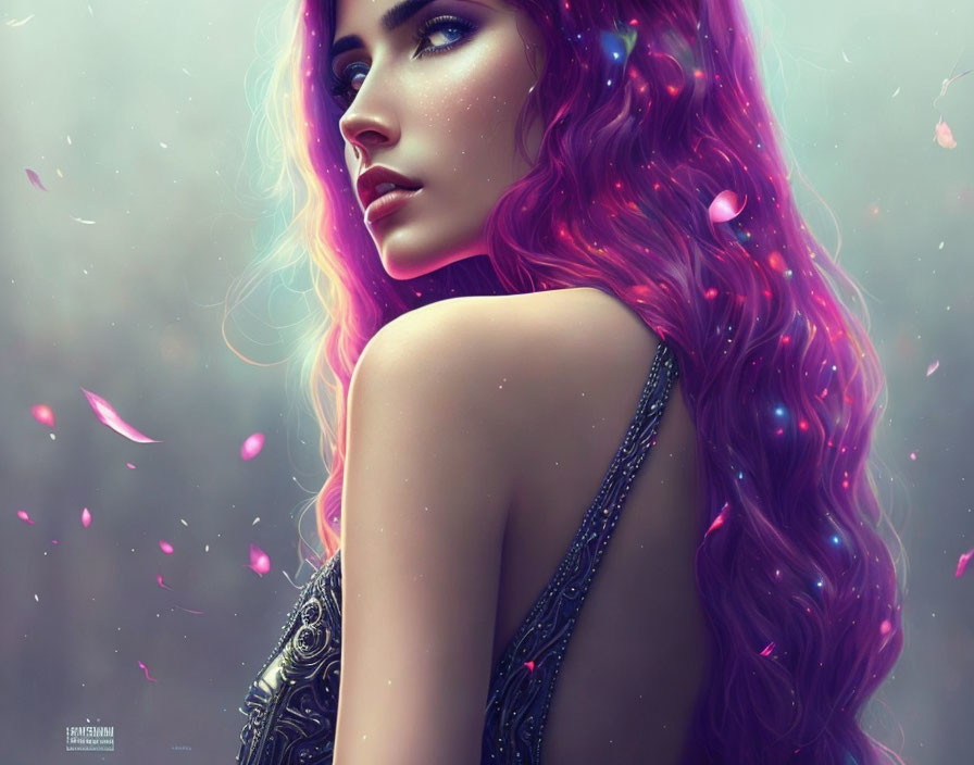 Vibrant purple hair woman in digital art with glowing skin and pink petals on misty backdrop