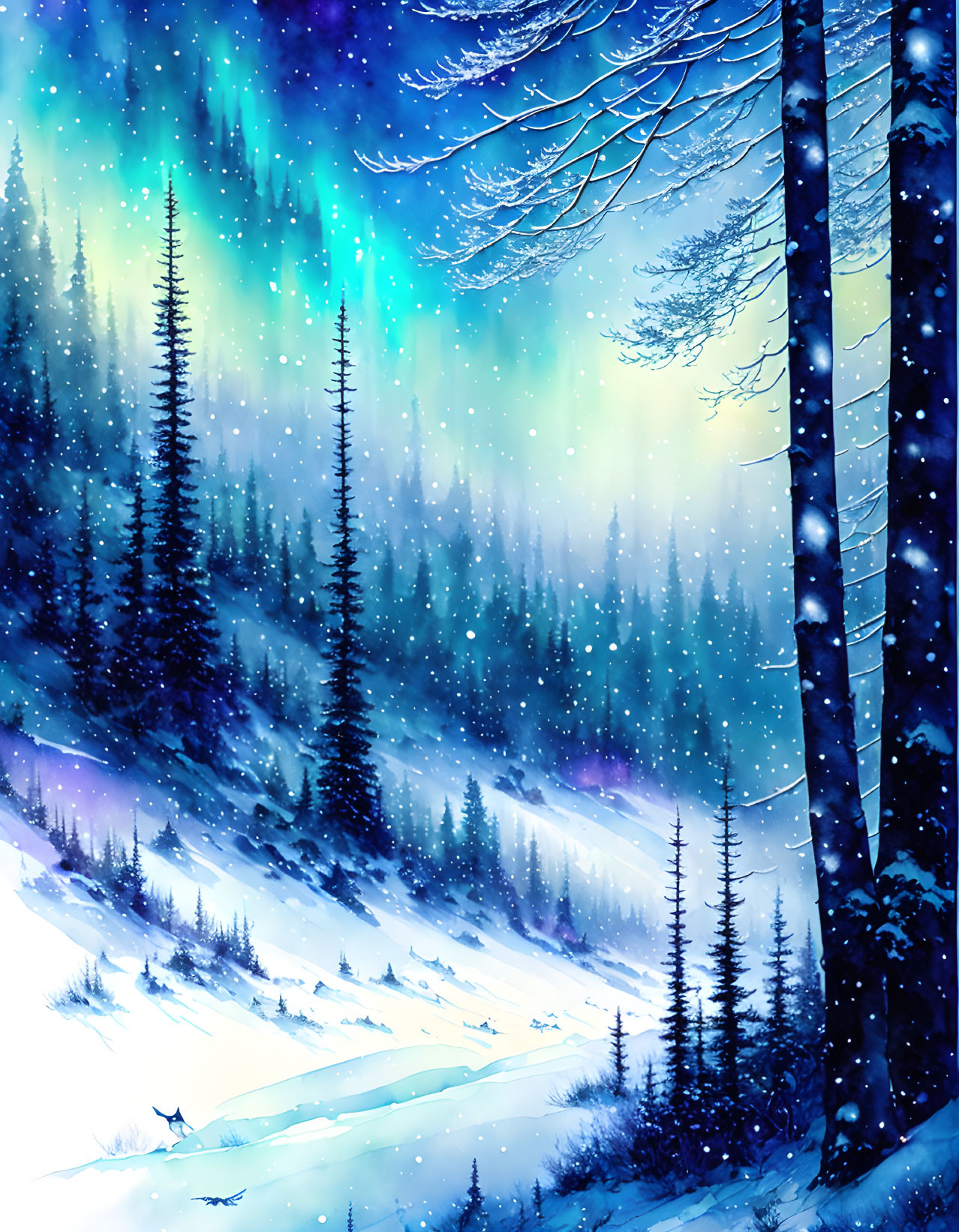 Snowy Pine Forest Night Scene with Shifting Sky Colors