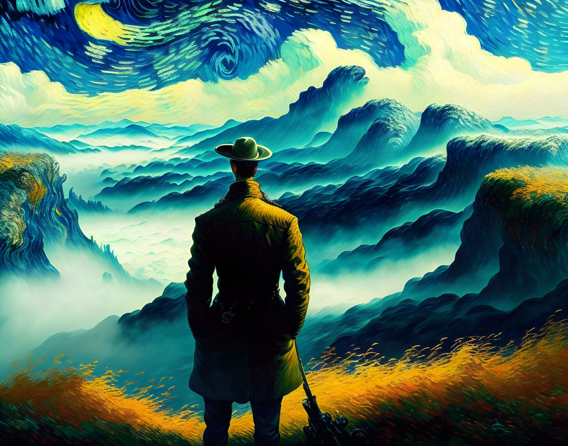 Person in Hat and Jacket Observing Van Gogh-Inspired Landscape