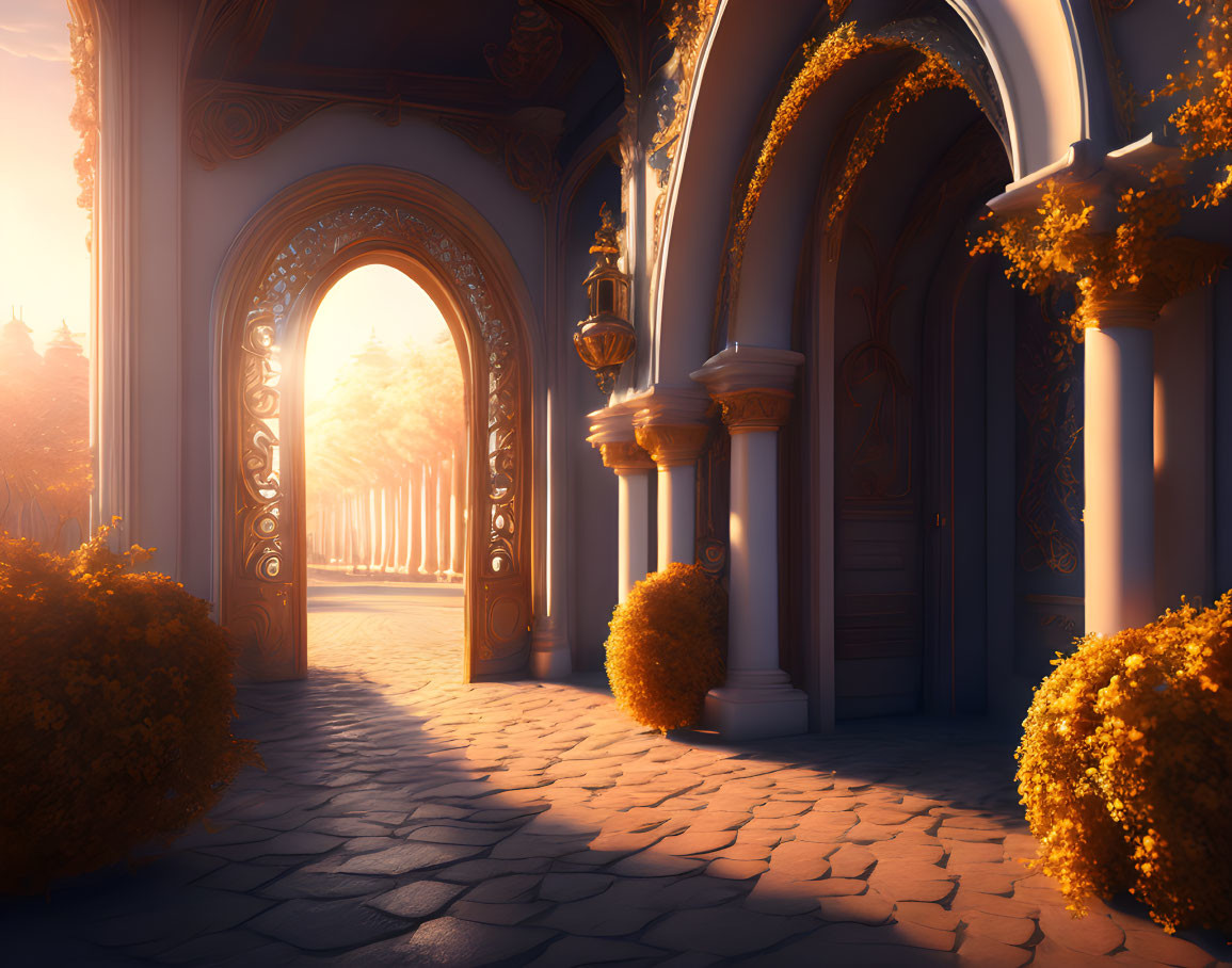 Sunlit Archway Leading to Cobblestone Path with Golden Bushes