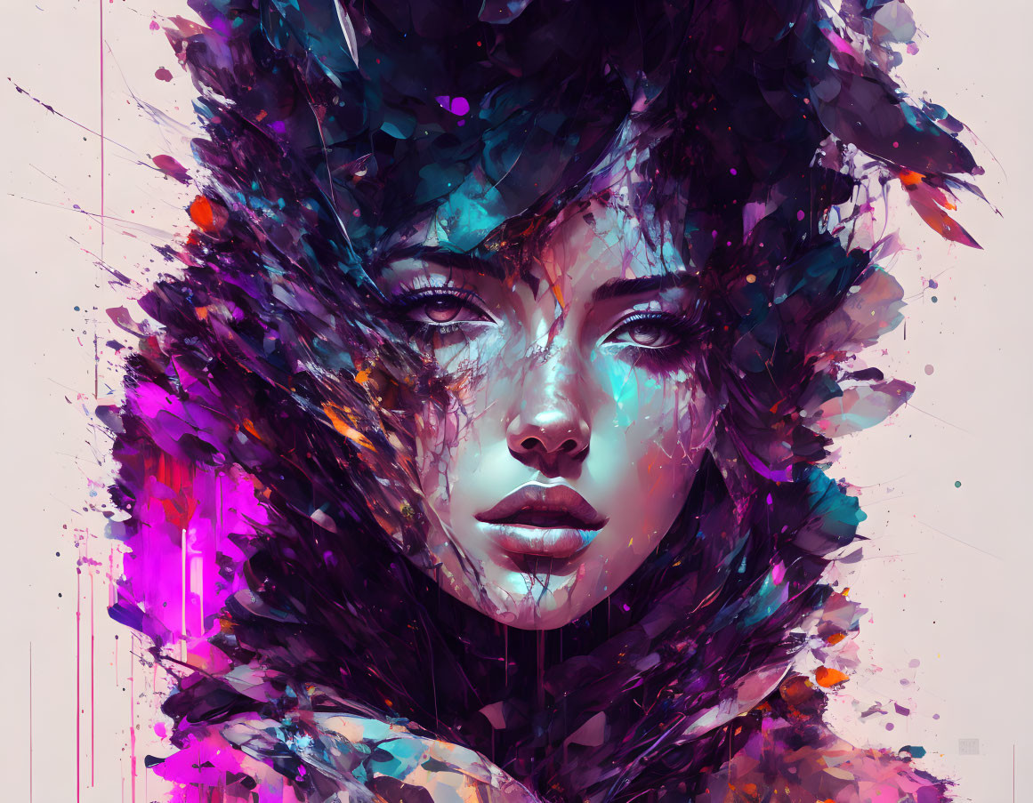 Vibrant digital portrait of a woman with colorful feathers and abstract background