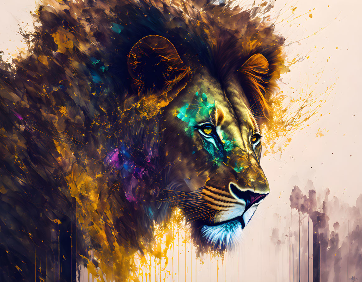 Vibrant lion digital artwork with golden and teal mane