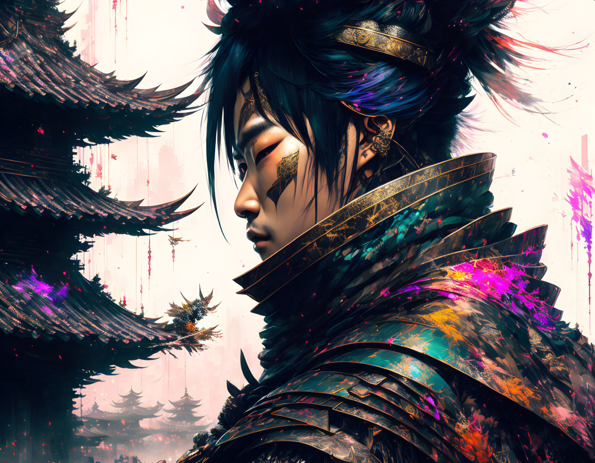 Detailed illustration: Ancient warrior in colorful armor against pagoda backdrop