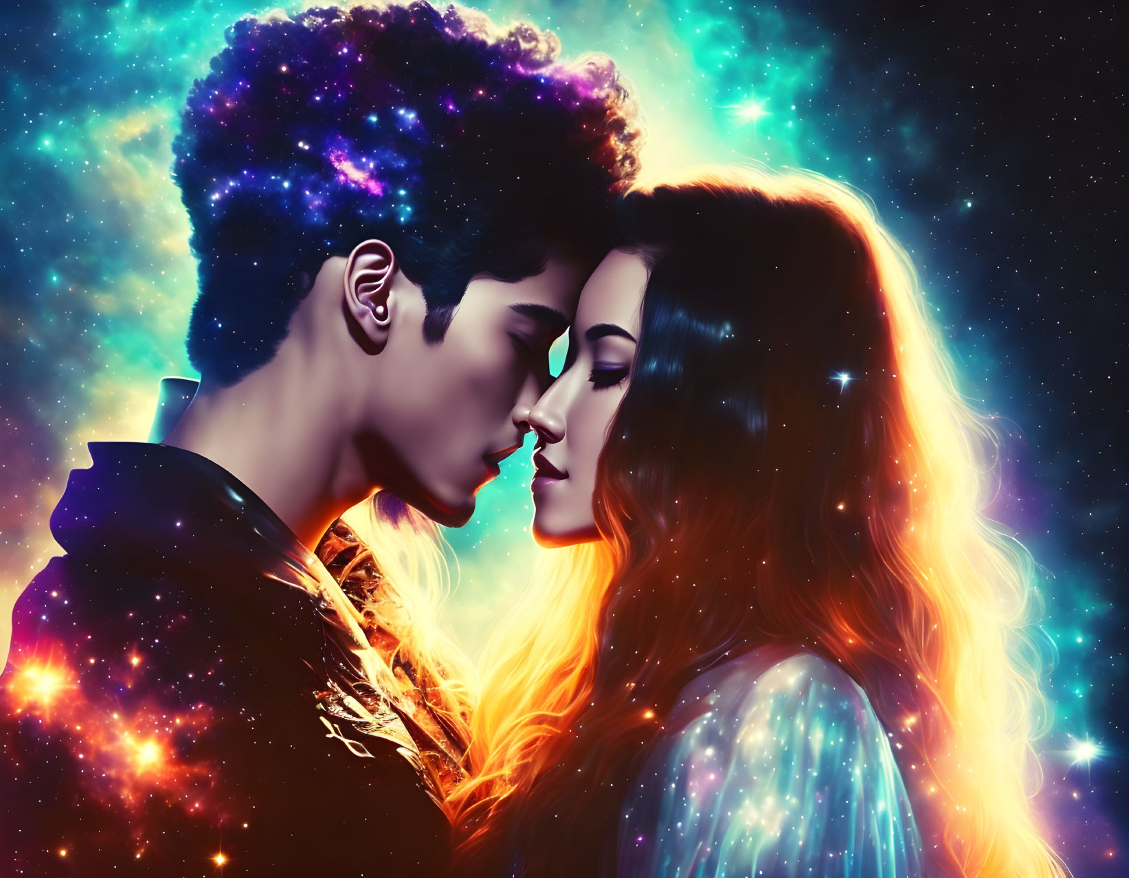 Digital artwork: Couple in close embrace with cosmic background