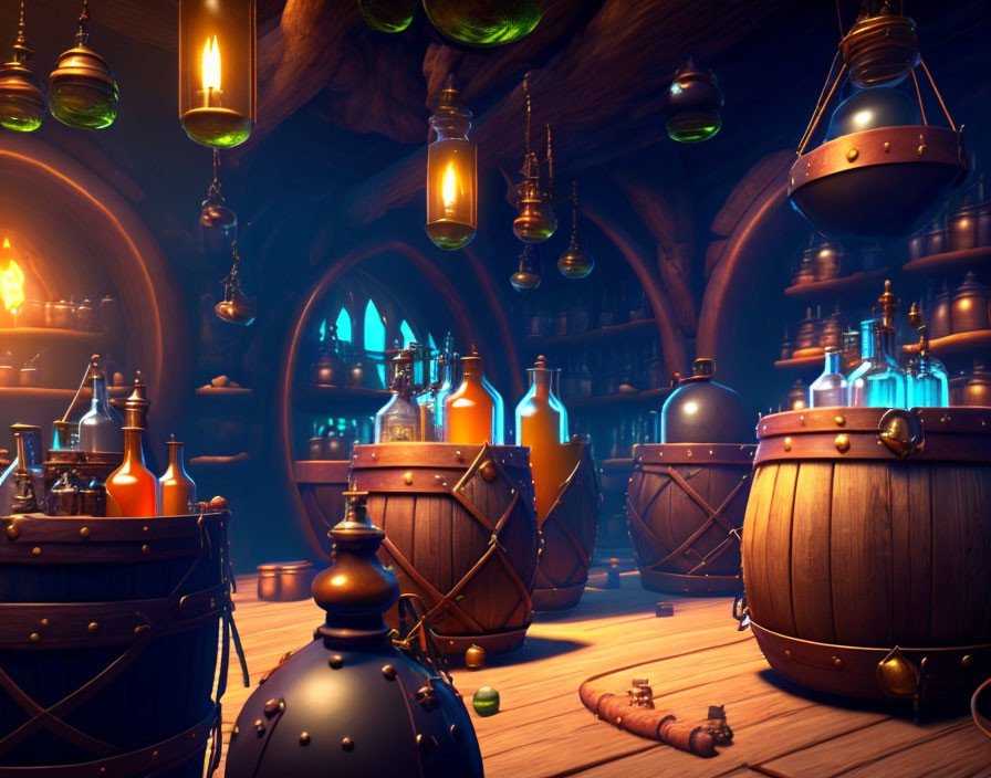 Medieval-Style Potion Shop with Wooden Barrels & Colorful Glass Bottles