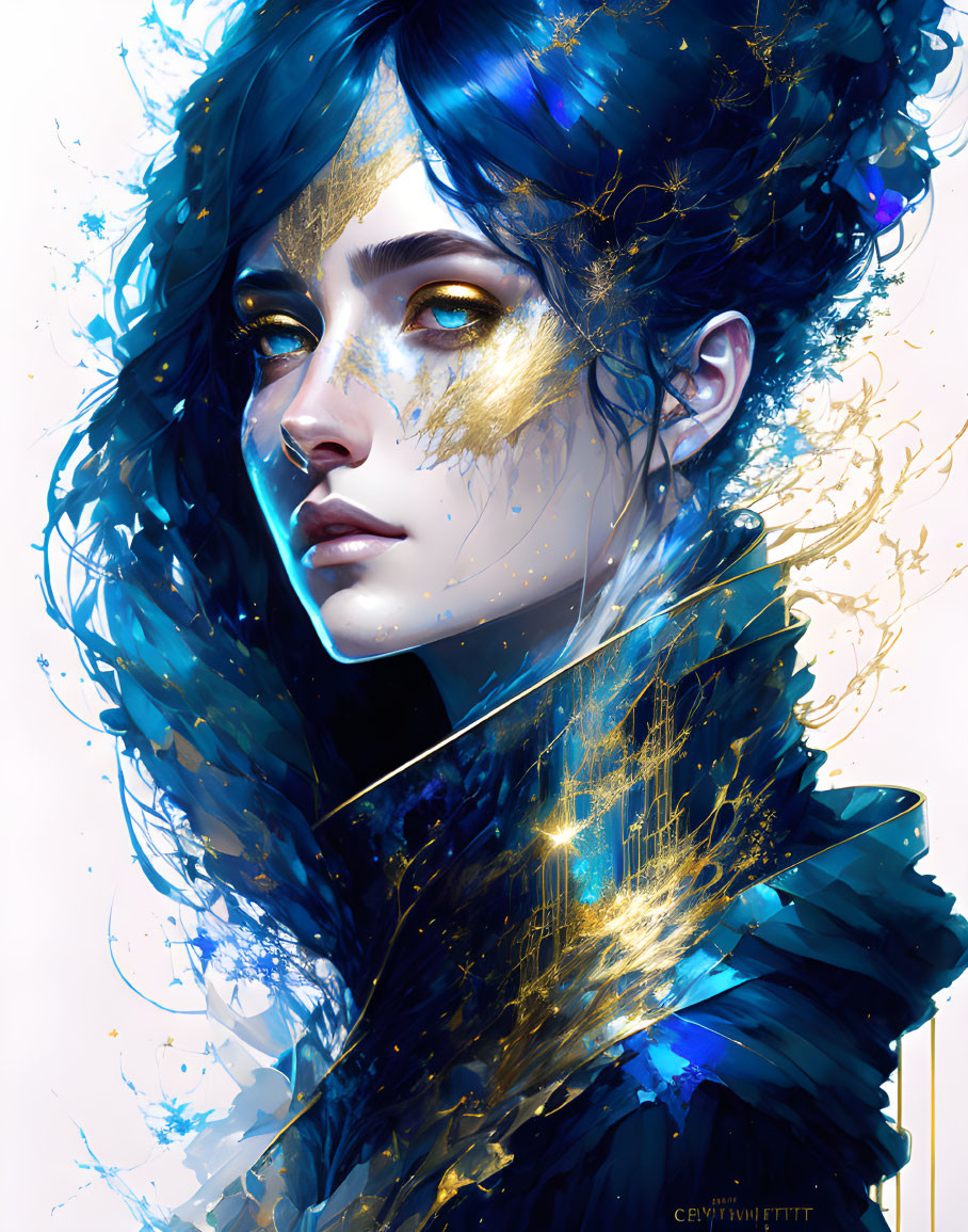 Digital Artwork: Person with Blue Hair and Golden Accents