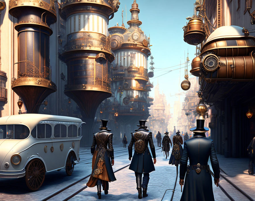 Steampunk cityscape with airships, retro-futuristic vehicle, and period clothing.