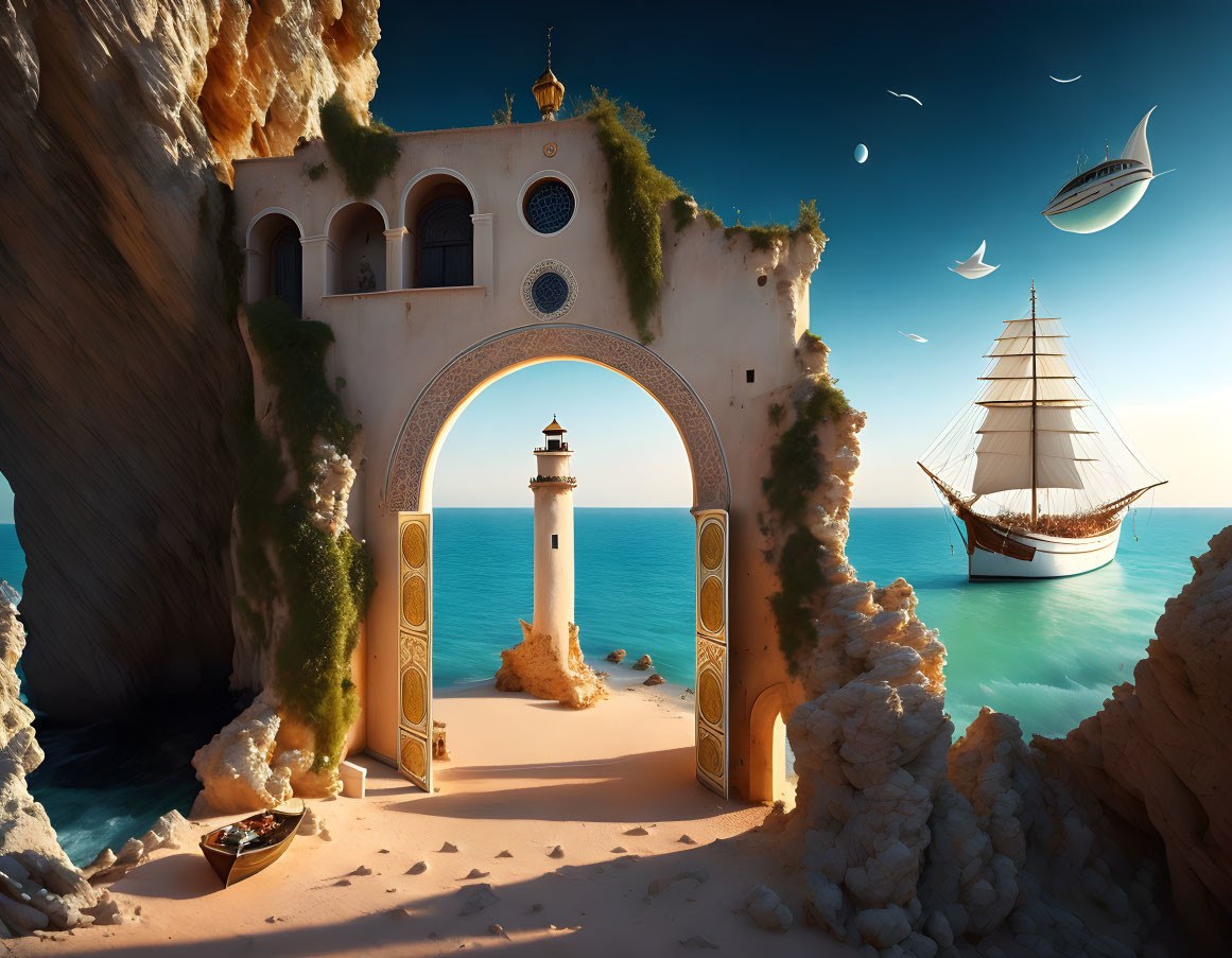 Cliffside archway with lighthouse, ships, and flying boat under clear blue sky