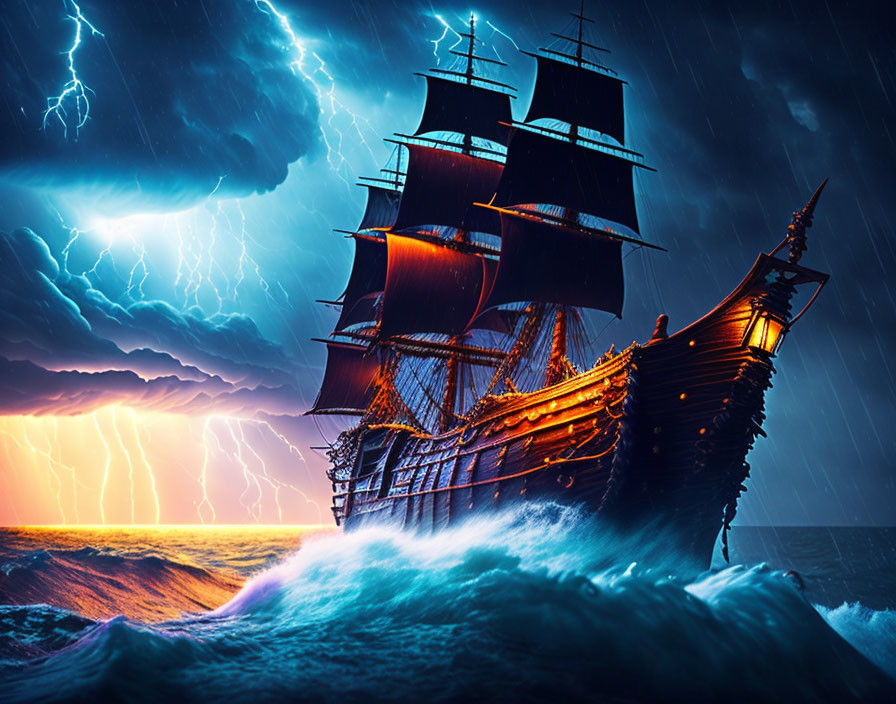 Sailing Ship in Stormy Ocean with Lightning