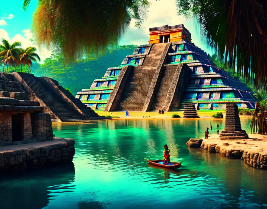 Person paddling canoe on tranquil lake near Mesoamerican step pyramid