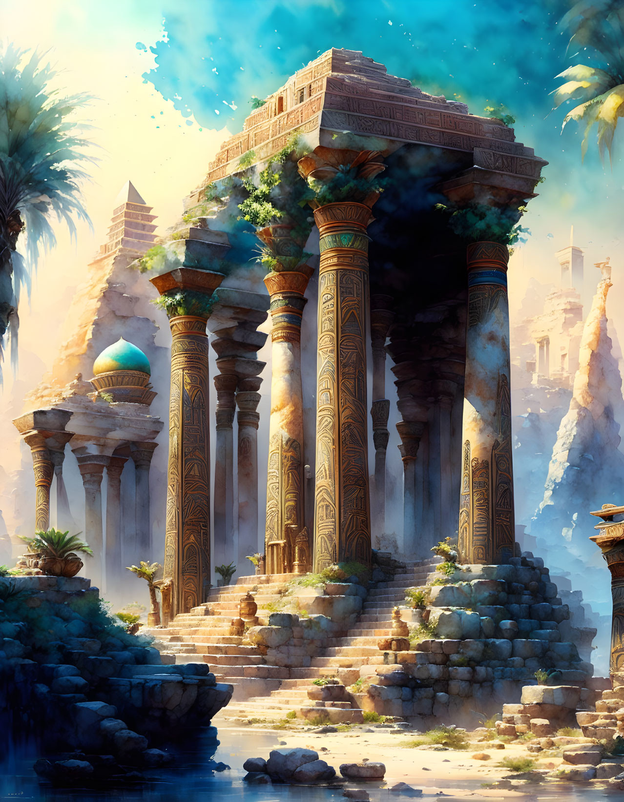 Ancient ornate temple with towering columns in serene desert oasis