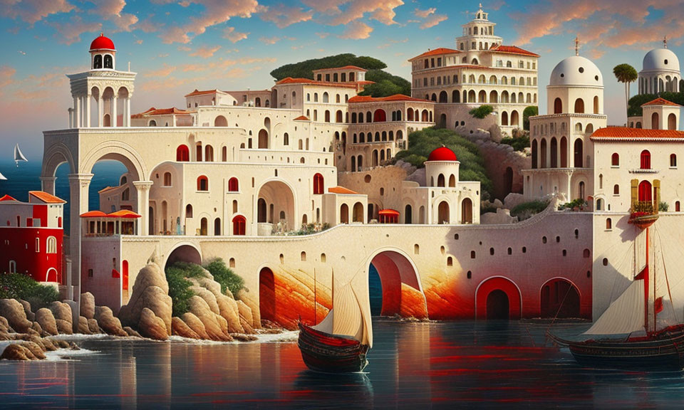 Mediterranean-style seaside town with terracotta roofs, arches, and sailboats