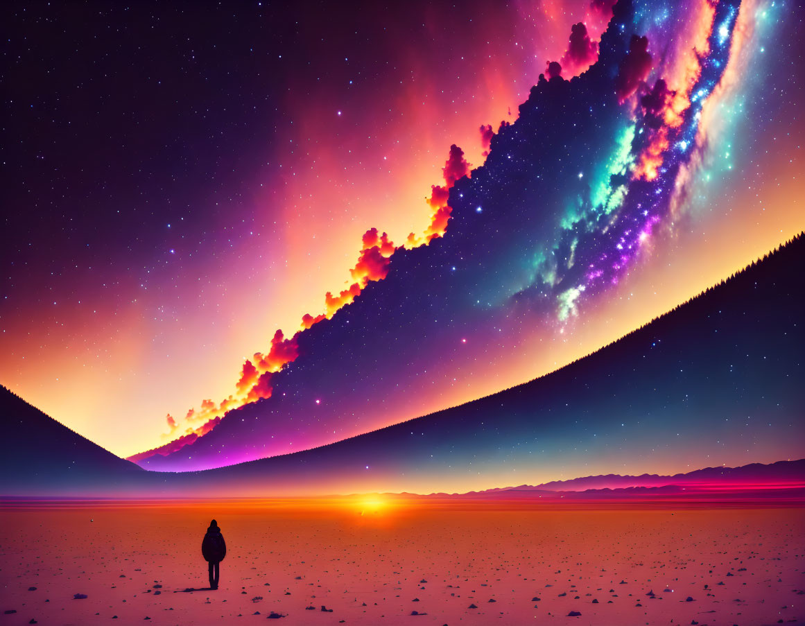 Figure under vibrant cosmic sky overlooking serene landscape at dusk or dawn