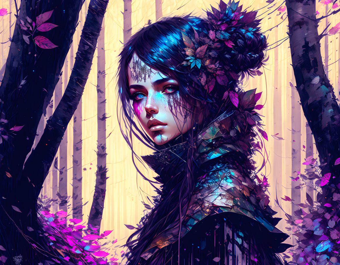 Colorful illustration of woman with blue hair in floral setting against fantastical forest landscape