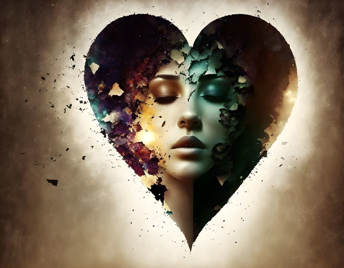 Surreal artistic image: Woman's face blends into heart shape