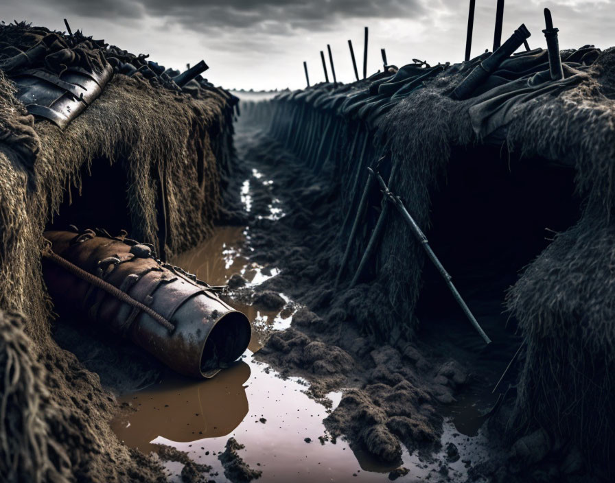 Muddy World War I trench with soldier's gear and rifles under cloudy sky