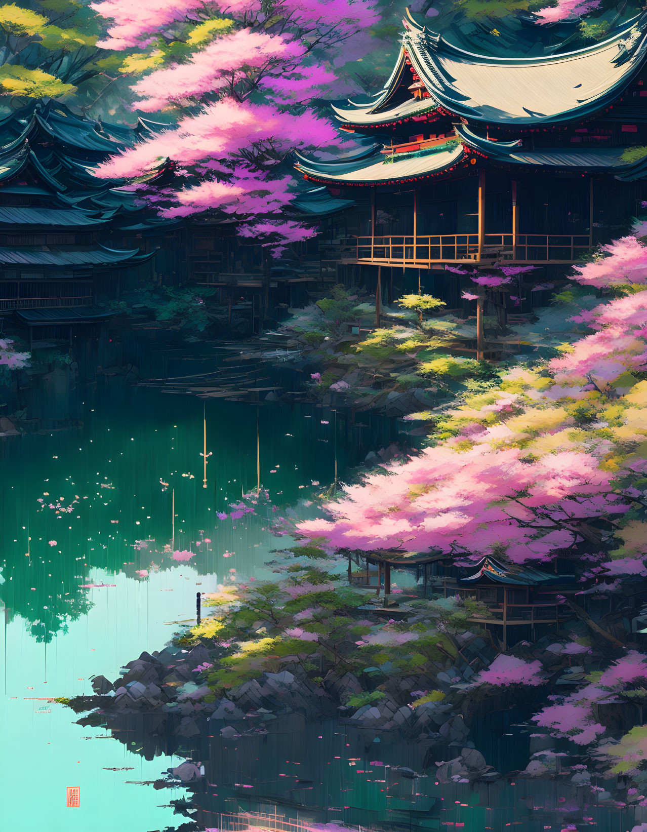 Traditional Asian architecture surrounded by pink blossoming trees near a serene pond