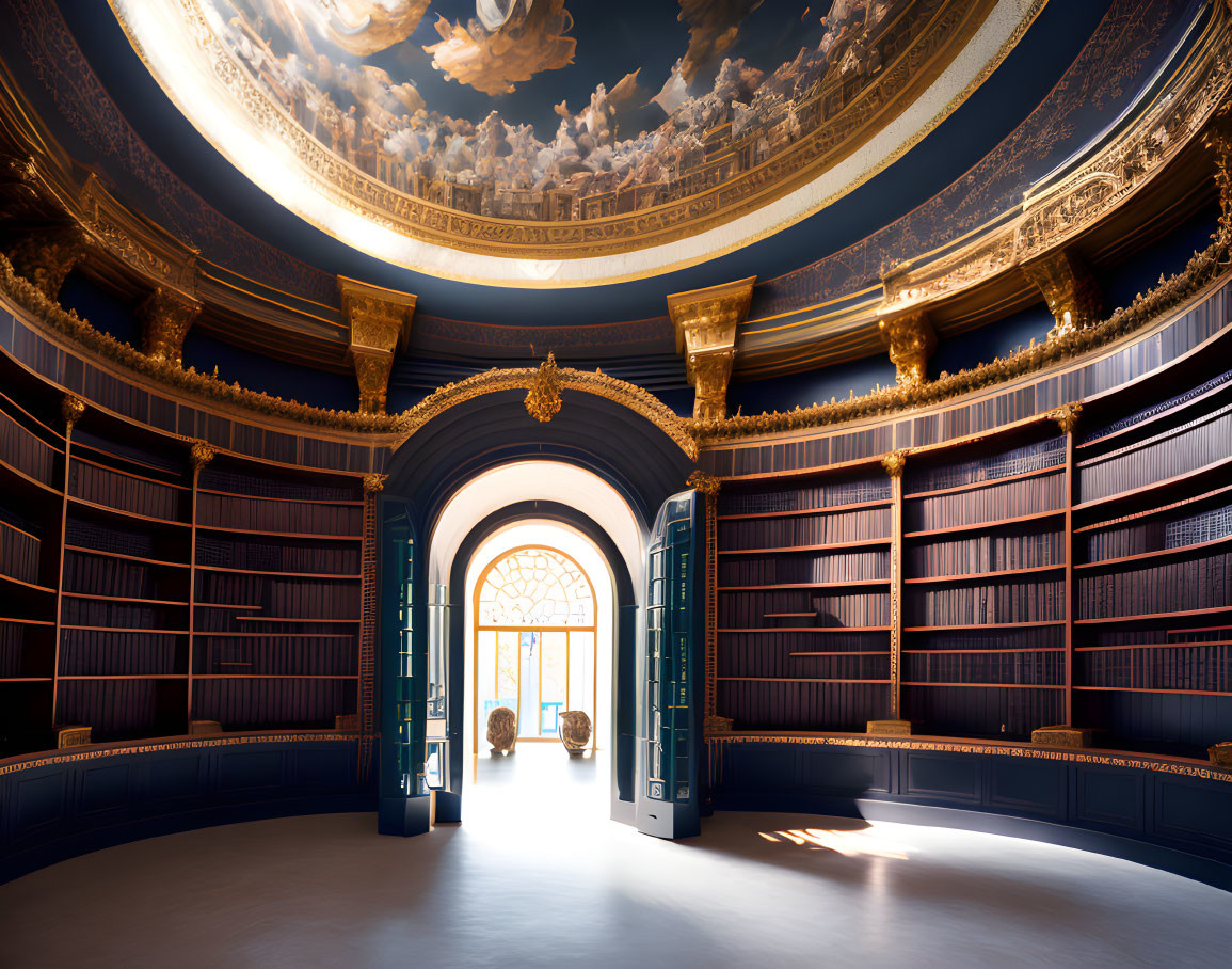 Opulent library with dark shelves, golden accents, and a bright ceiling fresco.