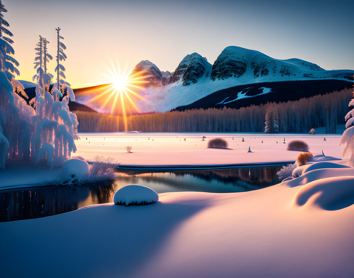 Snow-covered landscape with mountains, frozen river, and snow-laden trees at sunrise