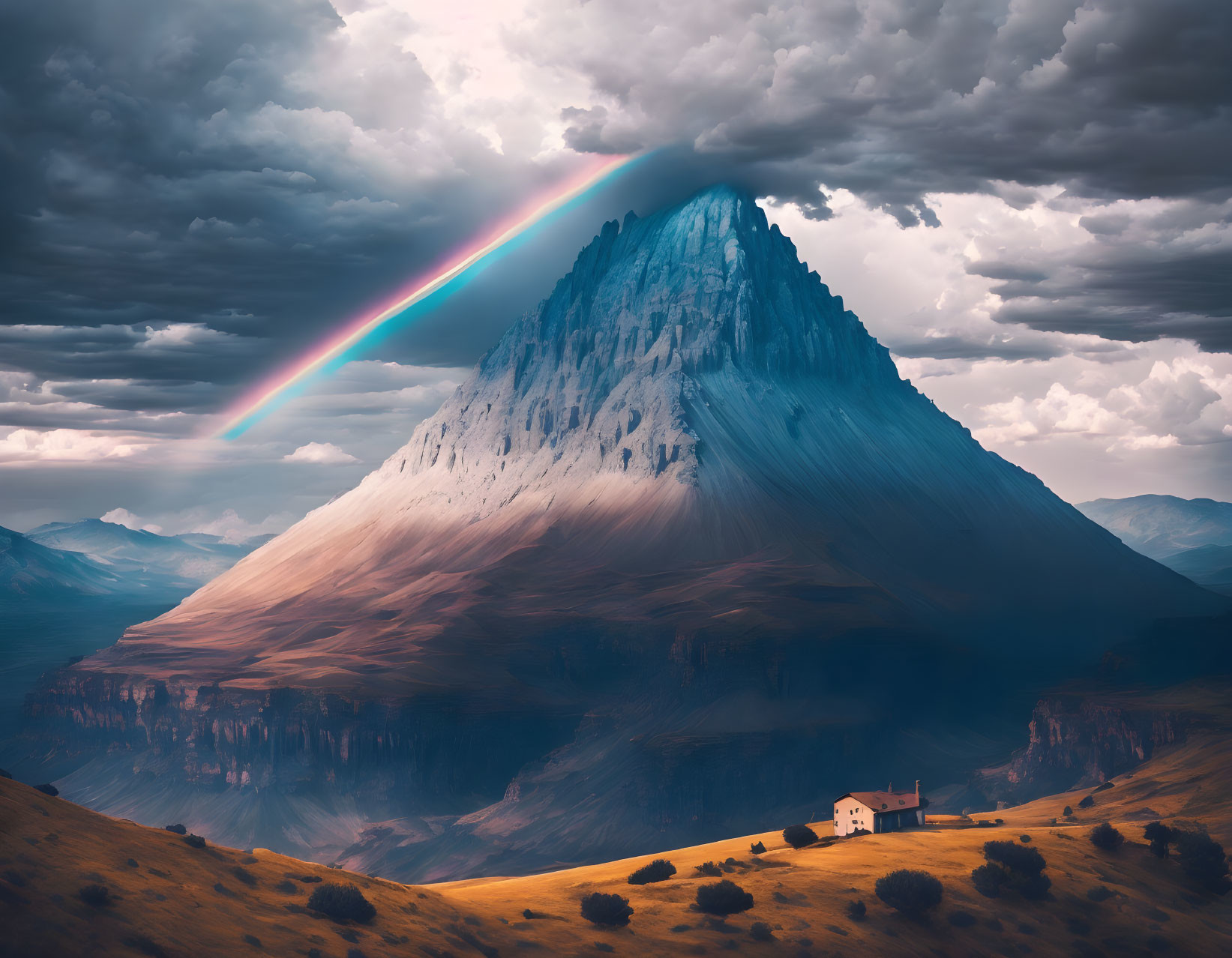 House at base of dramatic mountain under dark sky with rainbow.