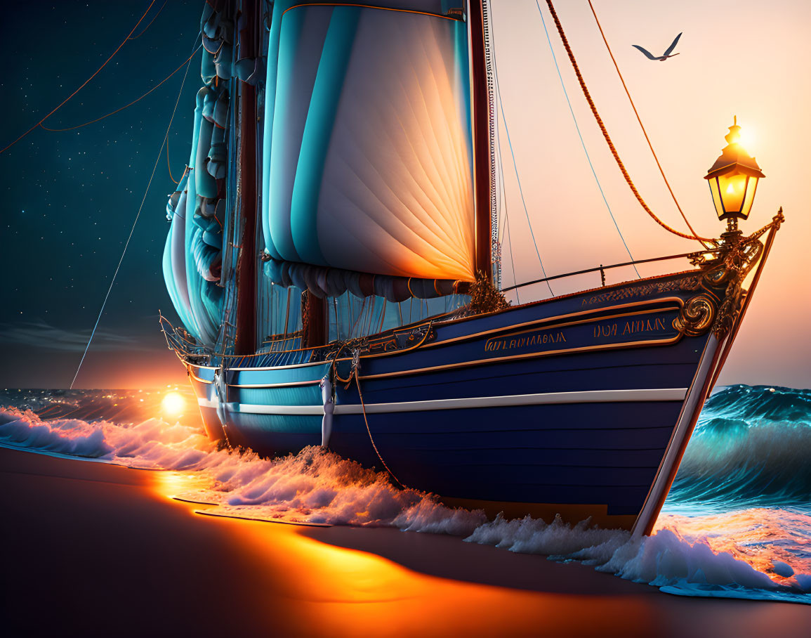 Blue sailboat "Noi Rimani" with lit lantern beached at sunset, wooden hull,