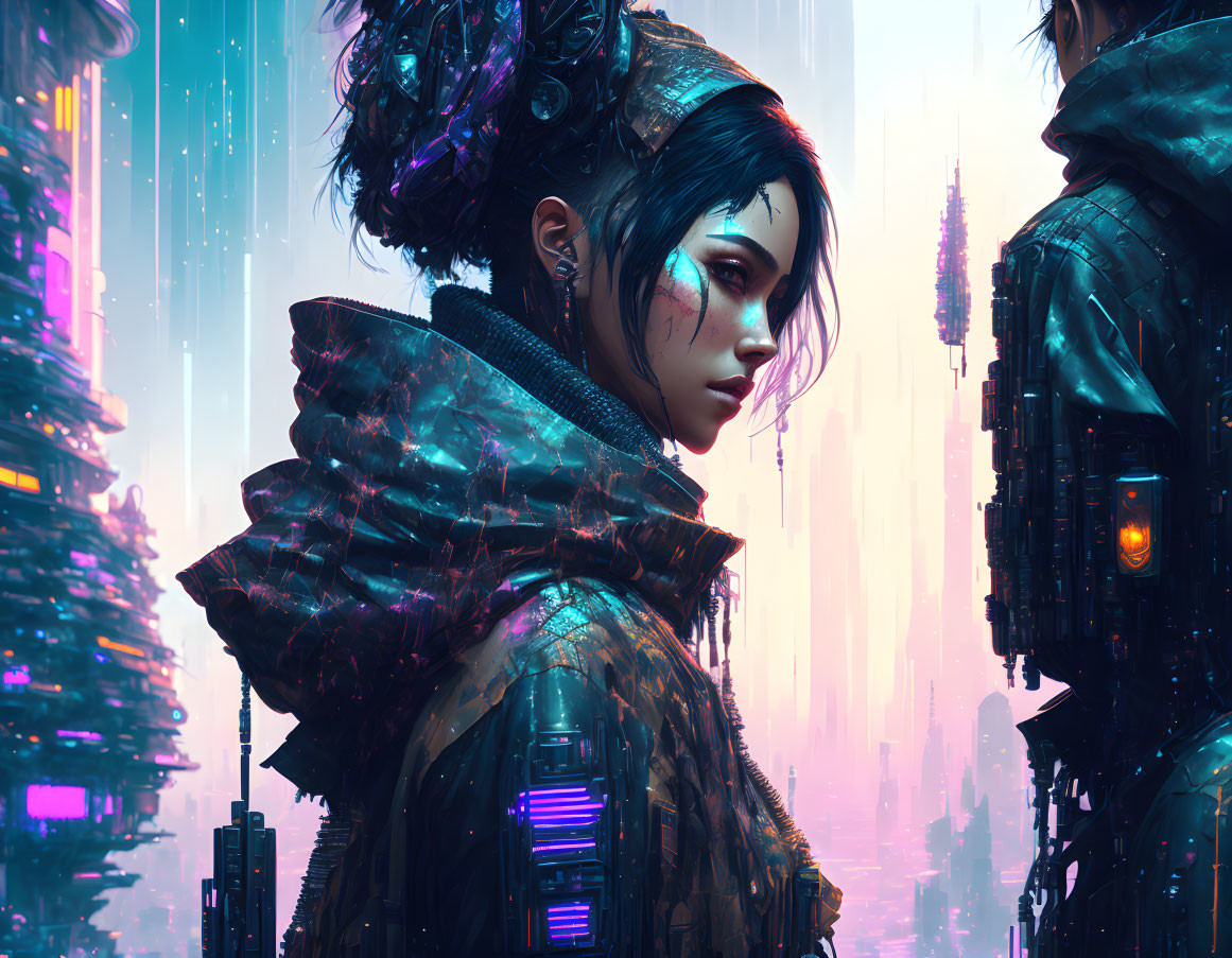 Futuristic woman with cybernetic enhancements in dark high-collar jacket