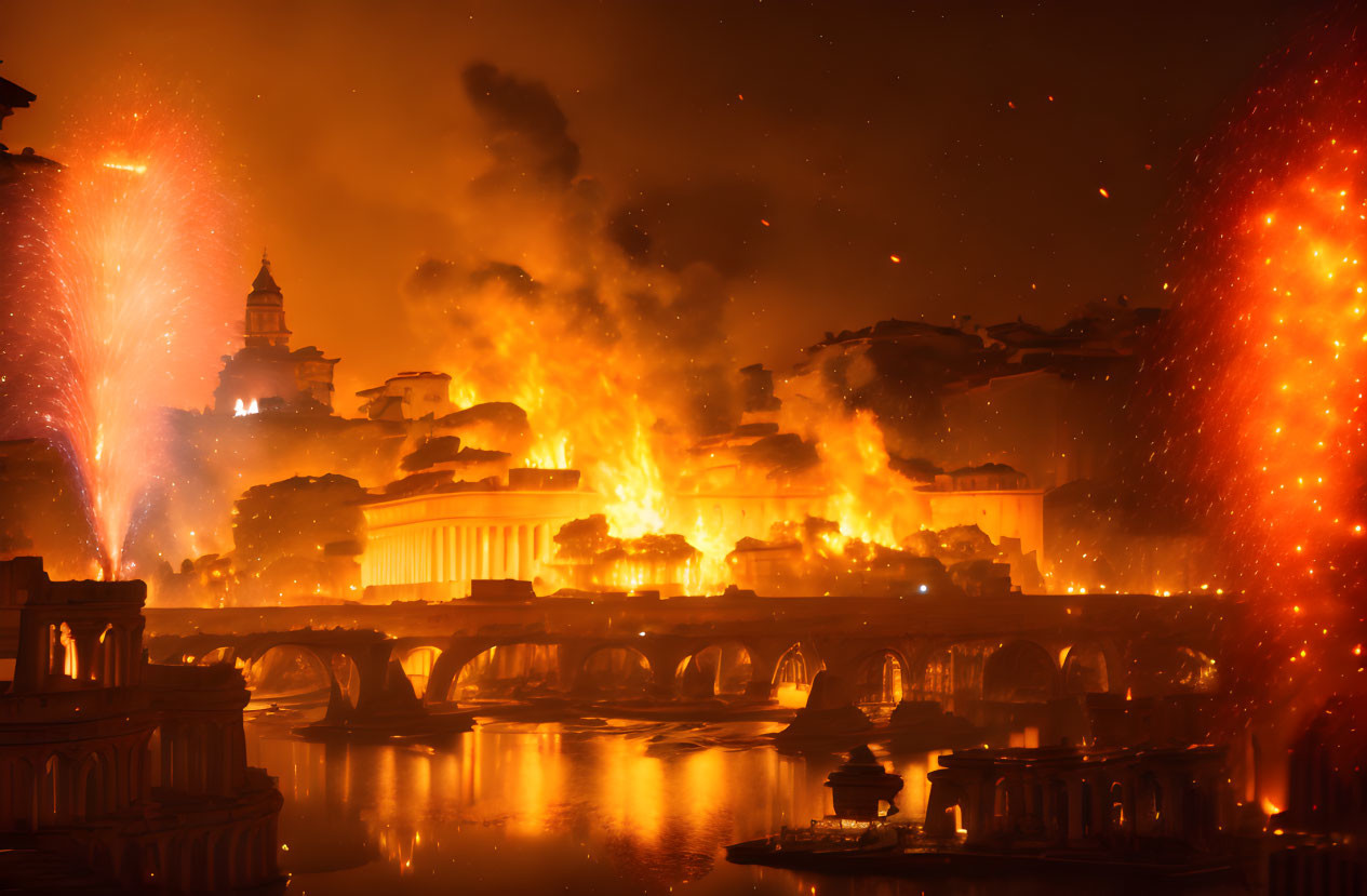 Cityscape engulfed in flames with smoke-filled sky