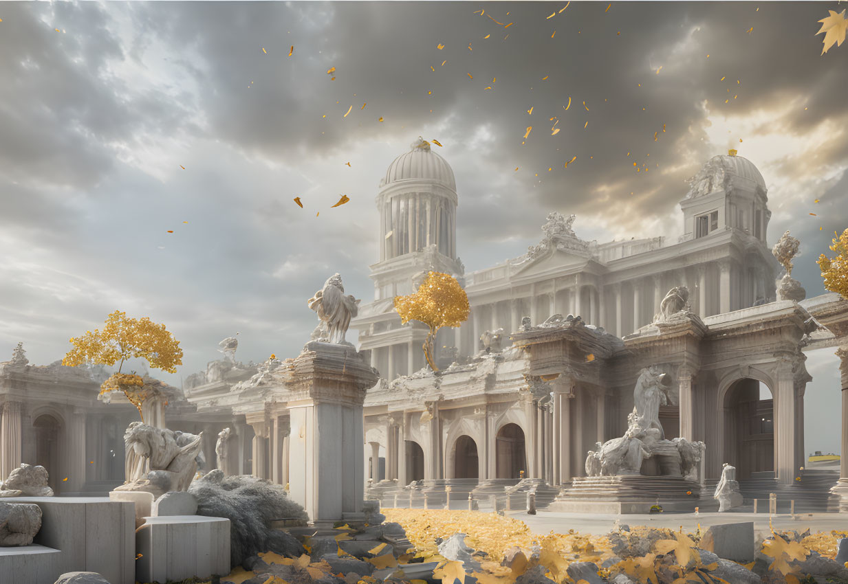 Stone Lions and Sculptures in Classical Architecture with Golden Leaves Sky